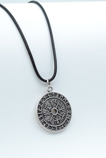 Bu Farklı Vegvisir Pusula - Viking Sembol Gümüş Kaplama Deri İp Kolye