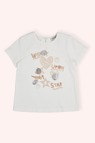 Panço Kız Bebek Bisiklet Yaka Arkası Damla Ve Düğmeli Baskılı Ekru Tişört