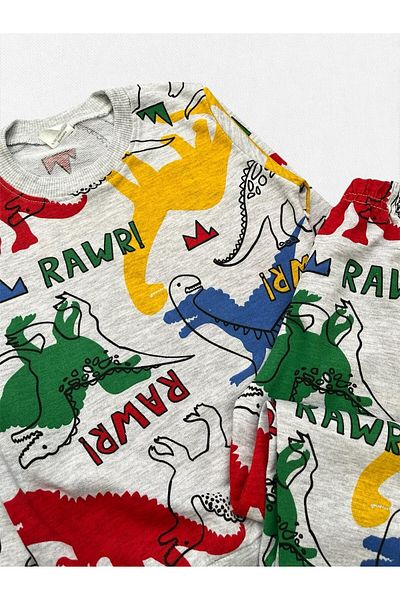 Fil Kids Boys' 100% Cotton Gray Dinosaurs Patterned Long Sleeve Seasonal Pajama Set