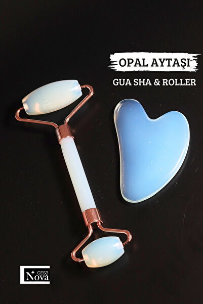 CessNova AA Kalite Sertifikalı Opal Ay Taşı Gua Sha & Roller Set Yüz Masaj Aleti