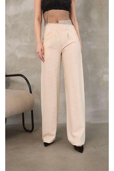 GALAVİP Women's New Year Beige Double Button Pleated Linen Fabric Palazzo Trousers