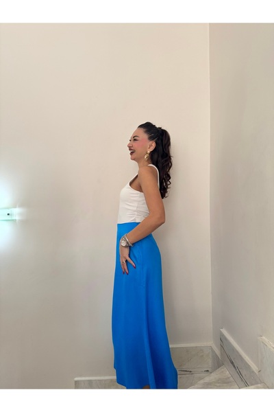 Gamze Ege Fashion Mavi saten etek