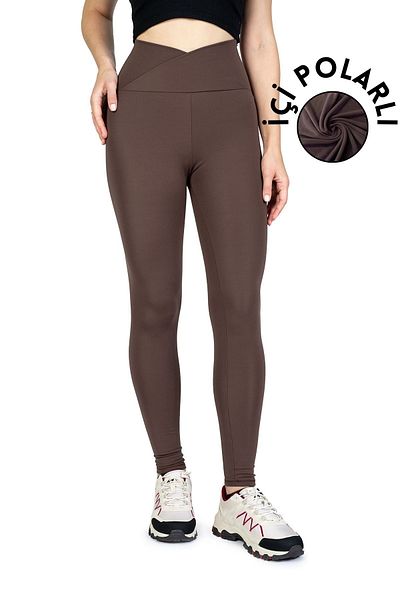 The Step Sports Jambiere termice de iarnă de culoare cafea cu talie încrucișată și lână interioară