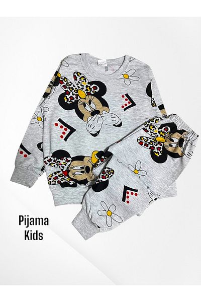 Fil Kids Girl's 100% Cotton Gray Mickey and Flower Daisy Patterned Long Sleeve Seasonal Pajama Set