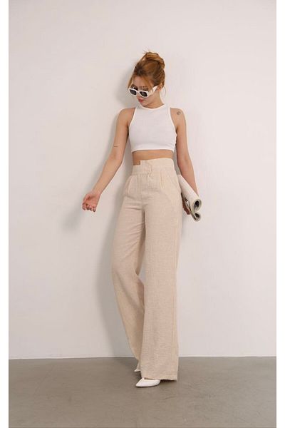 GALAVİP Women's New Year Beige Double Button Pleated Linen Fabric Palazzo Trousers