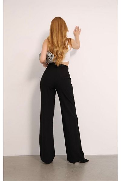 GALAVİP Women's New Year Black Double Button Pleated Linen Fabric Palazzo Trousers