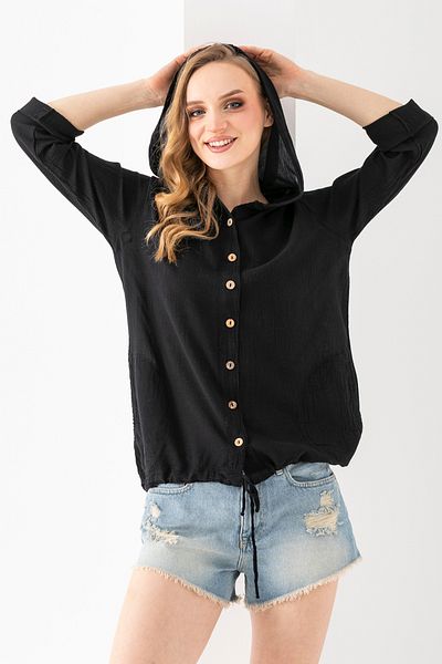 EtkiModa Cămașă neagră pentru femei, 100% bumbac organic, cu glugă, cu dungi din dantelă pe spate