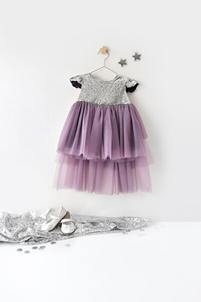 Mini Chics Kız Bebek Kısa Kol Kuyruklu Payetli Elbise