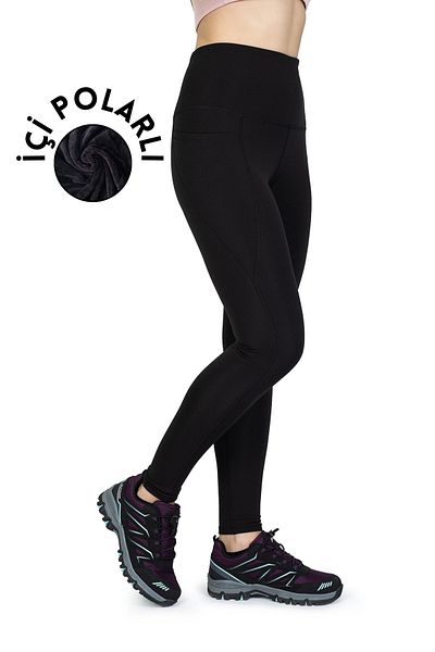 The Step Sports Colanți termici negri pentru femei cu talie înaltă și buzunare din lână - iarnă