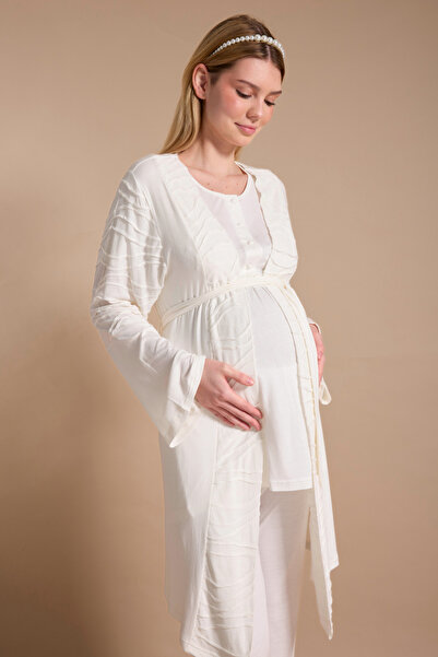 Lohussa Kadın Ekru Jakarlı Dantelli Tasarım %100 Pamuk Hamile Lohusa Sabahlık...