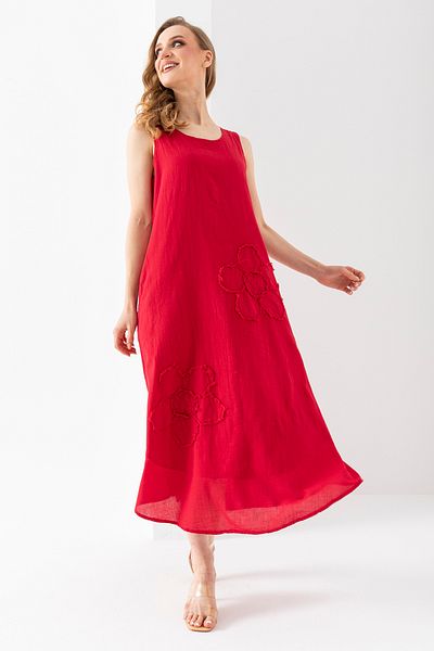 EtkiModa 100% Organic Cotton Women's Red Daisy Detailed Sleeveless Authentic Dress