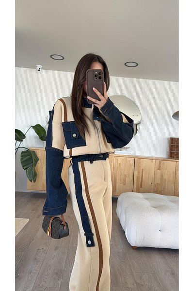 JaMolls Pinterest Equivalent Design Denim Jacket with Palazzo Pants and Head Blended Bomber Jacket