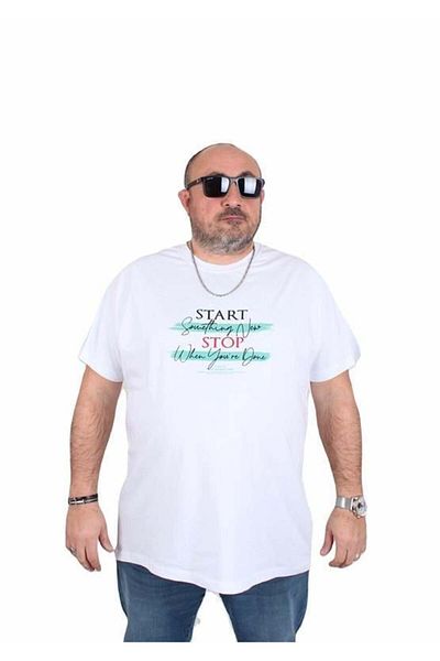 Starbattal Ανδρικό μπλουζάκι με λαιμόκοψη σε μεγάλο μέγεθος Start Stop 25178 ΛΕΥΚΟ