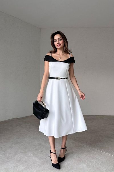 ALFUDO Moda Collection Double Color Midi Belted Dress