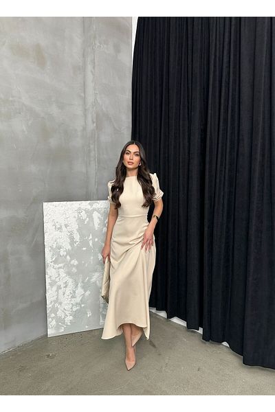 mafdress Γυναικείο βραδινό φόρεμα από ύφασμα κρεπ μπεζ καρπούζι μανίκι