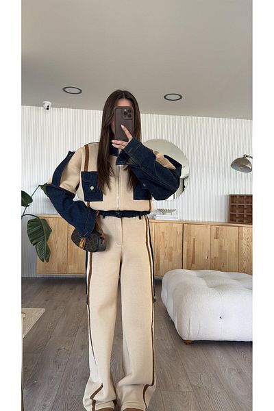 JaMolls Pinterest Equivalent Design Denim Jacket with Palazzo Pants and Head Blended Bomber Jacket