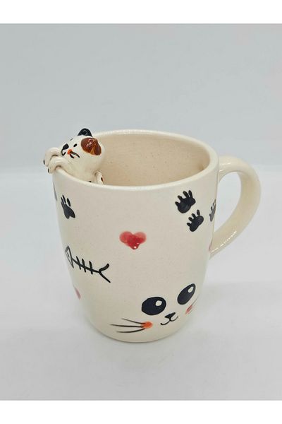 Soli Seramik Handmade Ceramic Mug, Ceramic Mug with Cat Figure, Gift Mug, Cat Mug, White Color Mug