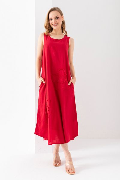 EtkiModa 100% Organic Cotton Women's Red Daisy Detailed Sleeveless Authentic Dress