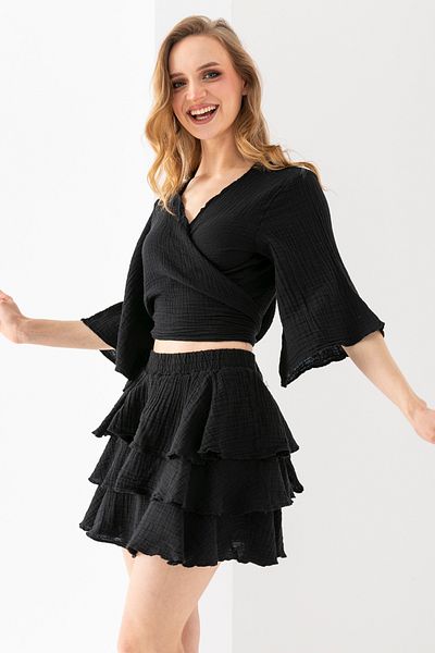 EtkiModa Fusta mini cu volane neagră pentru femei 100% bumbac organic
