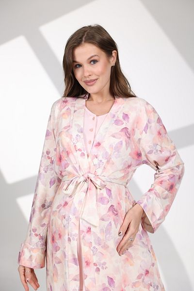 Lohussa Women's Pink Patterned Lace Design 100% Cotton Maternity Maternity Dressing Gown Pajama Set Set
