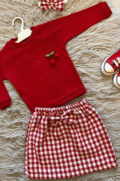 enes baby Bayramlık Kazayağı Desen Etek Kiraz Detaylı Esnek Kaşkorse Bluz Fiyonk Bandana 3 Lü Takım