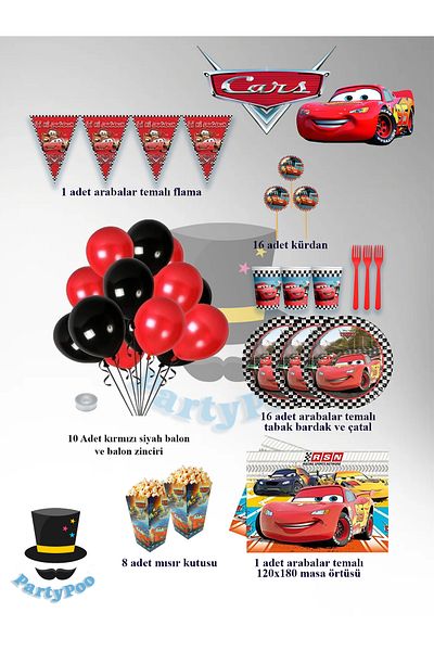 PartyPoo Cars Cars Themed 16-Person Midi Birthday Set |   Party Supplies and Decorations