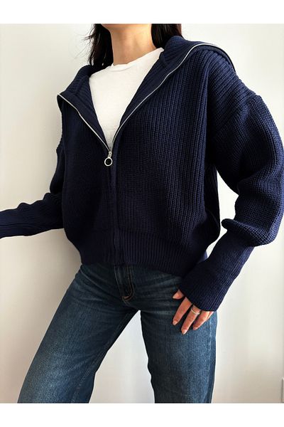 Nopen Knitwear Cardigan din tricot cu fermoar, albastru bleumarin