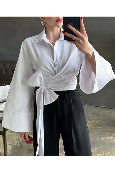 AB LOOKS Cămașă crop din popelin pentru femei, cu talie, cu curea, design nou sezon