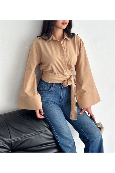 AB LOOKS Cămașă crop din popelin pentru femei, cu talie, cu curea, design nou sezon