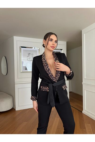 1Moda1Tarz Women's Imported Fabric Leopard Pattern Collar Brooch Detail Belted Lined Special Design Bottom-Top Set