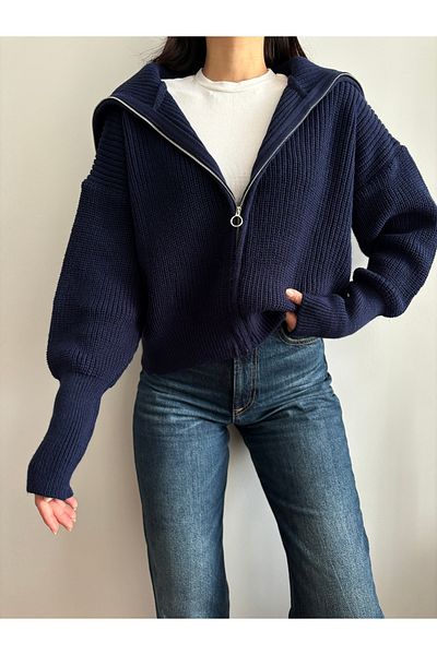 Nopen Knitwear Cardigan din tricot cu fermoar, albastru bleumarin