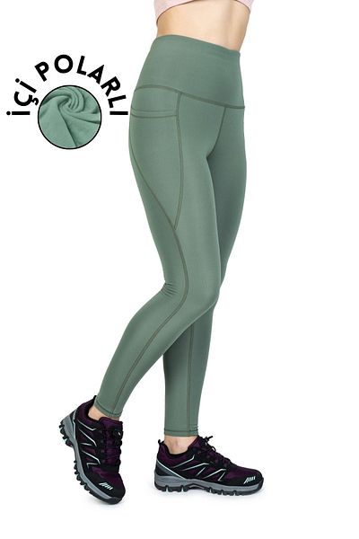 The Step Sports Jambiere termice pentru femei, verde, cu talie înaltă și buzunare - iarnă
