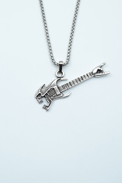 Skull Electric Guitar Silver Plated Knitted Chain Necklace