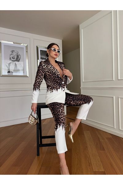 1Moda1Tarz Women's Imported Fabric Leopard Pattern Button Detail Elastic Waist Lined Special Design Top-Bottom Set