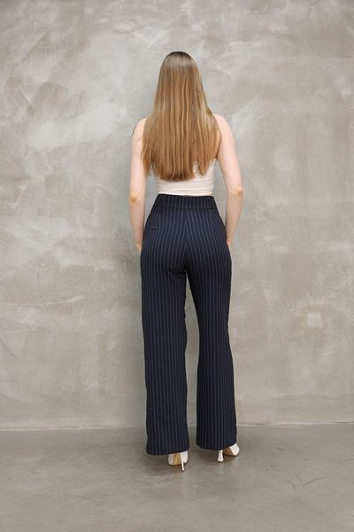 GALAVİP Women's New Year Navy Blue Double Button Striped Pleated Taffeta Cotton Fabric Palazzo Trousers