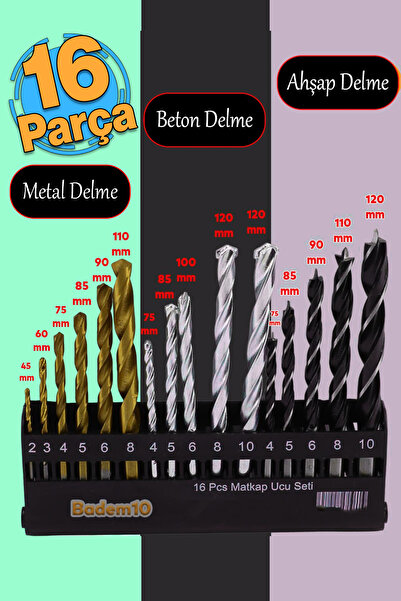 Badem10 Matkap Ucu Set 16'lı Paket 3'ü Bir Arada Beton Duvar Ahşap Metal Çeli...