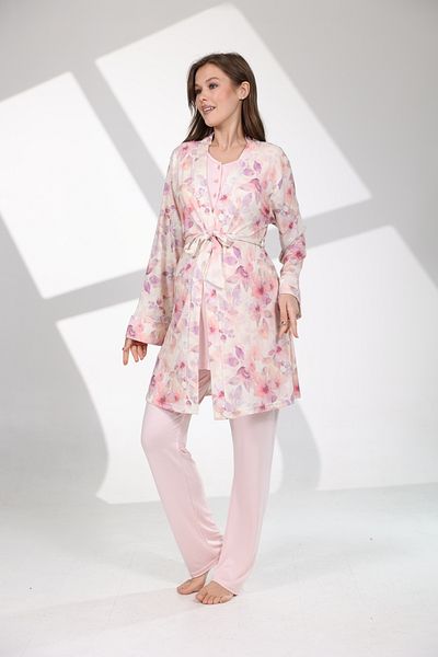 Lohussa Women's Pink Patterned Lace Design 100% Cotton Maternity Maternity Dressing Gown Pajama Set Set