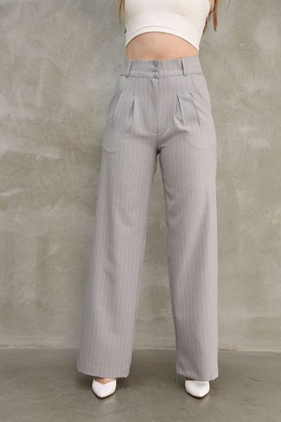 GALAVİP Women's New Year Gray Double Button Striped Pleated Taffeta Cotton Fabric Palazzo Pants