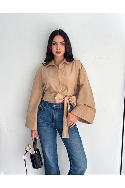 AB LOOKS Cămașă crop din popelin pentru femei, cu talie, cu curea, design nou sezon