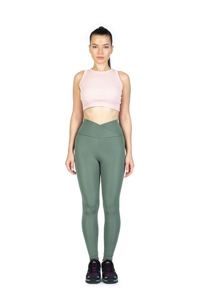 The Step Sports Cross Waist Detailed Green Winter Thermal Recovery Leggings with Fleece Inside