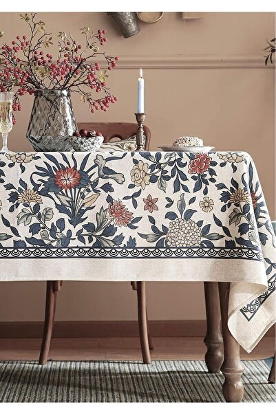 Gülce Home Collection Vintage Series I Ham Keten Kumaş Baskılı Masa Örtüsü Lierre