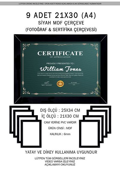 yhfoto 9 Pieces A4 Frame - Black Frame - MDF 21x30 Frame - Photo & Certificate Frame
