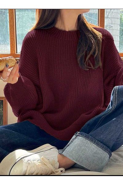MODASPARK Pulover de damă oversize cu gât roșu Claret