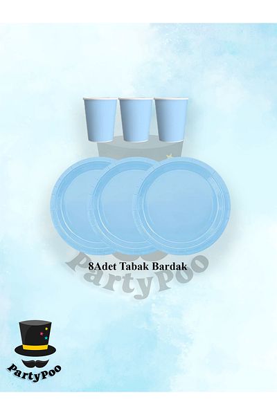 PartyPoo Blue Macaron Birthday Plate and Cup Set for 8 People |   Party Supplies and Decorations