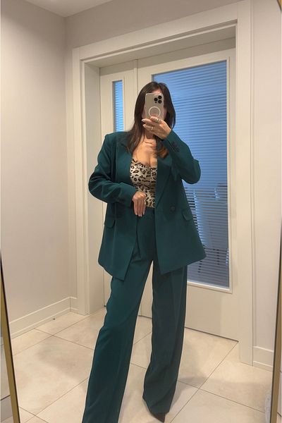 HOEK Women Green Blazer Jacket Palazzo Pants Suit