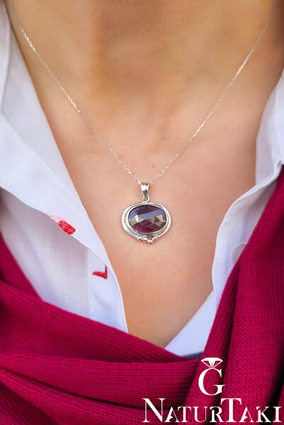 Naturtakı Kadın Yakut Mücevheri 925 Ayar Gümüş Kolye Ucu-Boyasız Gerçek Kırmı...