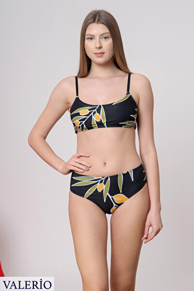 valerio Black Print Strapless Strap High Waist Bikini Set