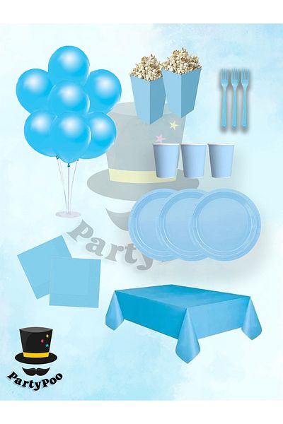 PartyPoo Blue Macaron Birthday Set for 16 People | Plates, Cups and Party Supplies