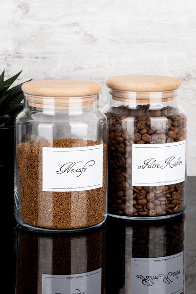 Dolkin Home 2'li Ahşap Vakum Kapaklı Nescafe/Filtre Kahve Etiketli Cam Kavano...