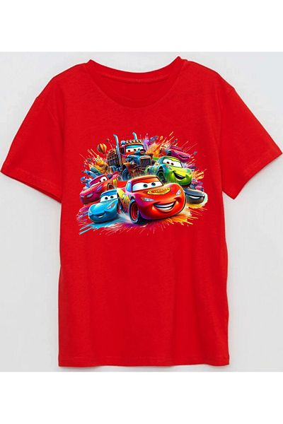 Efendioğlu Design Children's Cotton Short Sleeve T-Shirt with Lightning Mcqueen and His Cars Printed